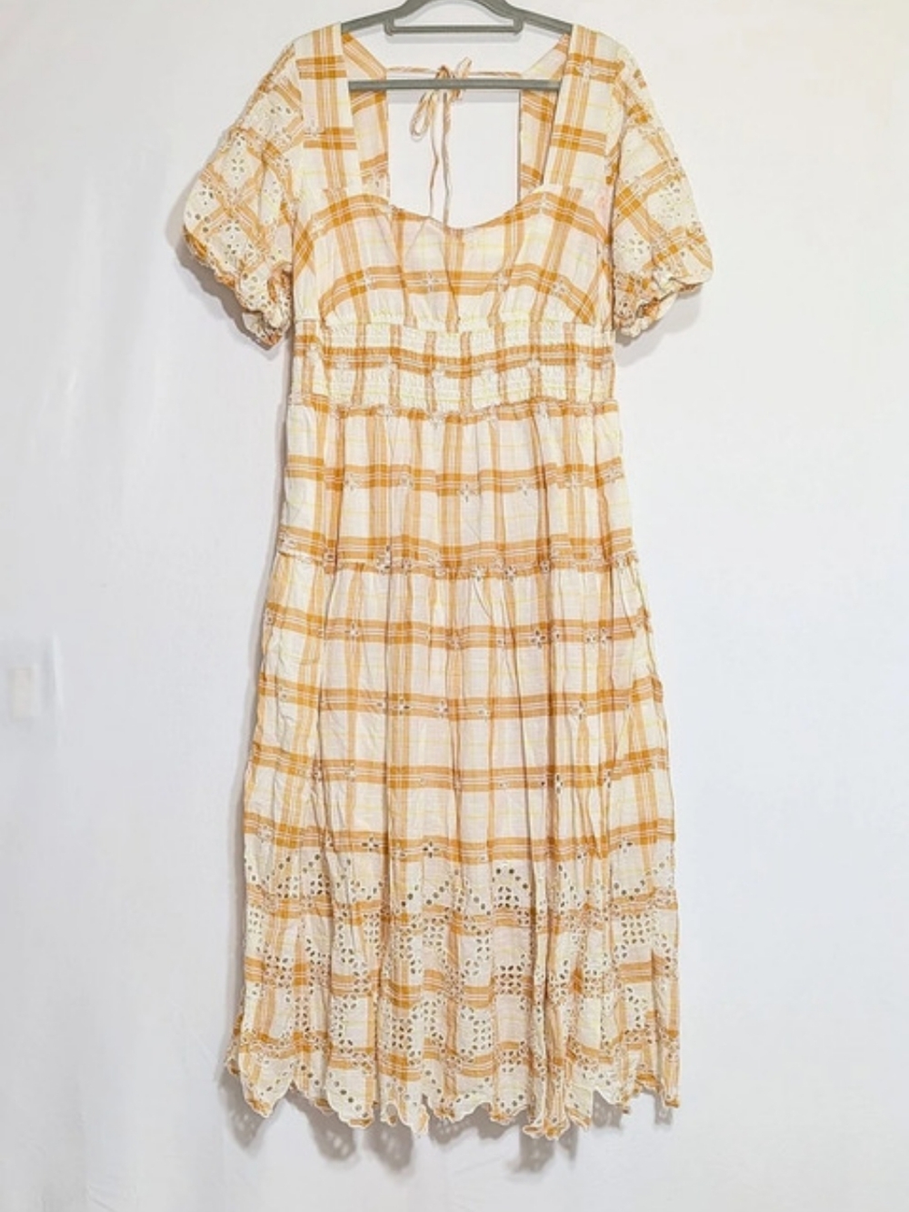 Anthropologie XL Plaid Eyelet Embroidered Midi Dress